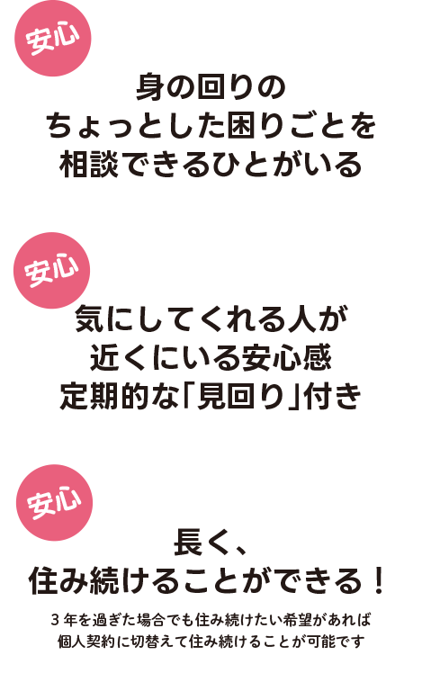 身の回りのちょっとした困りごとを相談できるひとがいる　気にしてくれる人が近くにいる安心感定期的な「見回り」付き　長く、住み続けることができる！